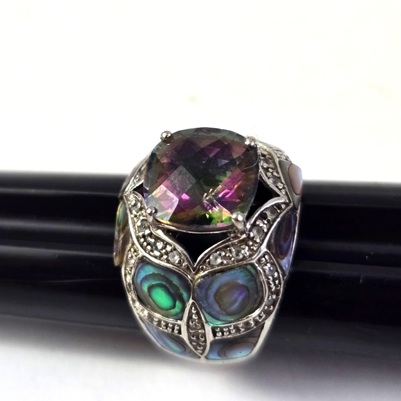 Vintage Silver Ring with Green Accents and Intricate Design - Picture 9 of 9